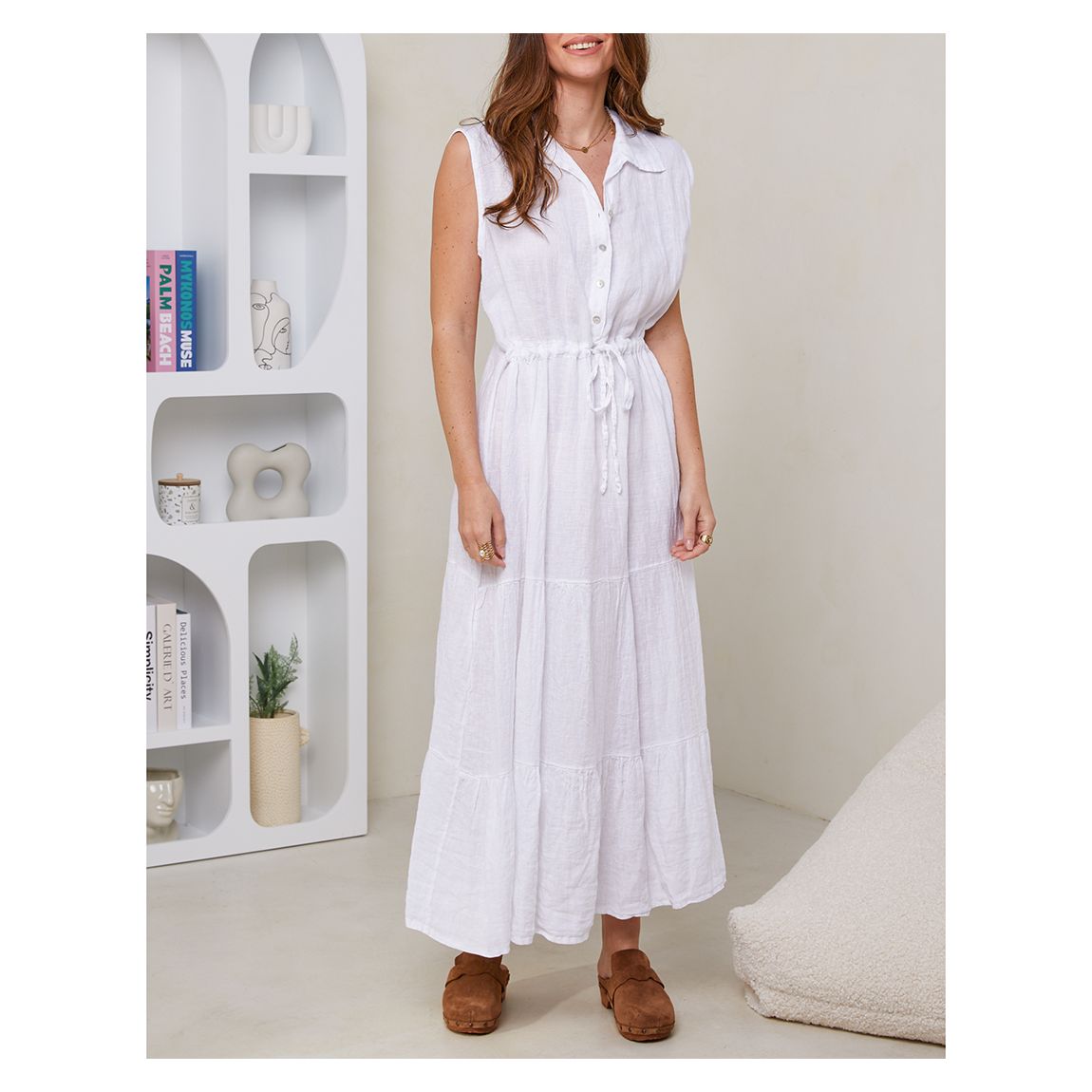 White Linen Button Maxi Dress main product photo
