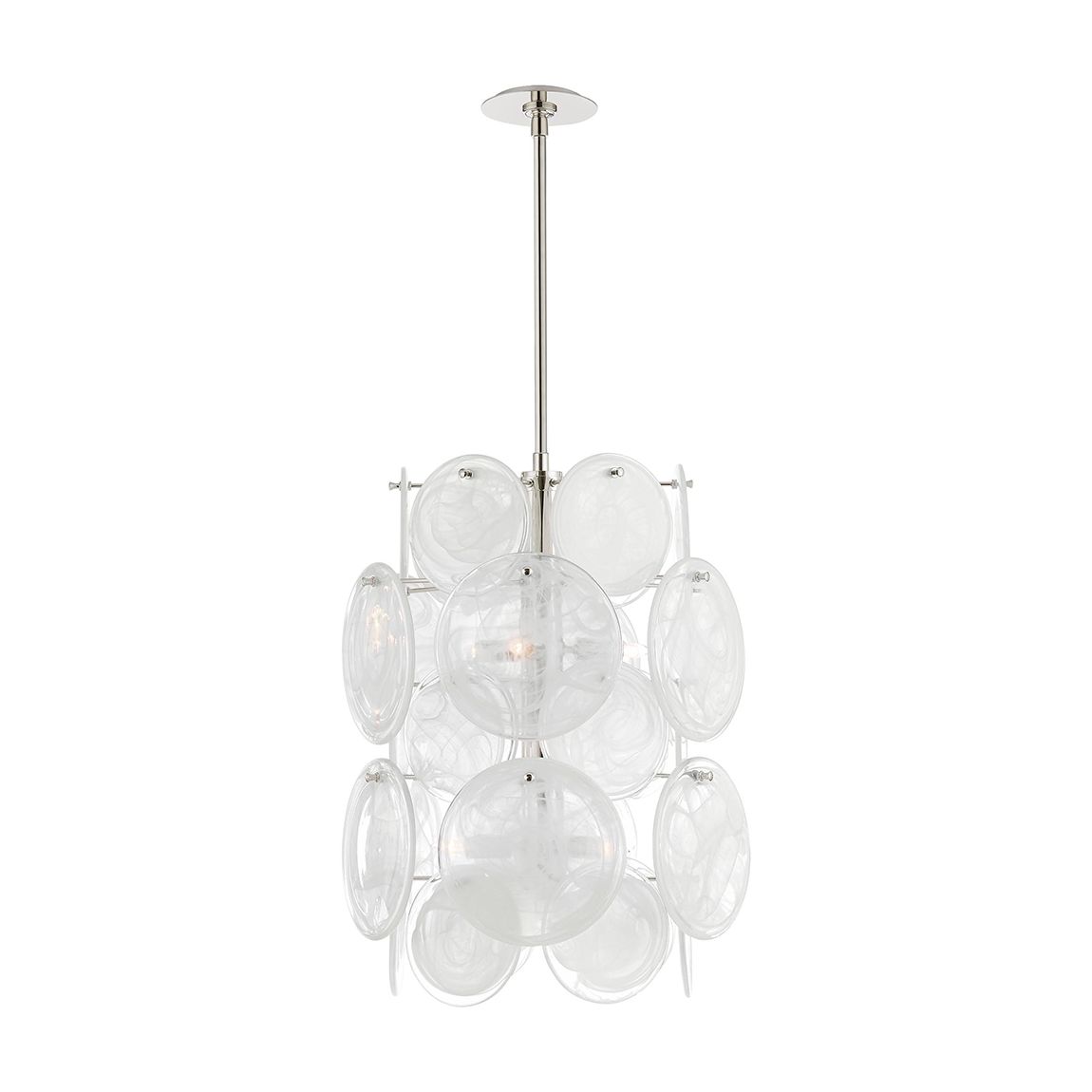 Loire Medium Barrel Chandelier in Polished Nickel with White Strie Glass main product photo