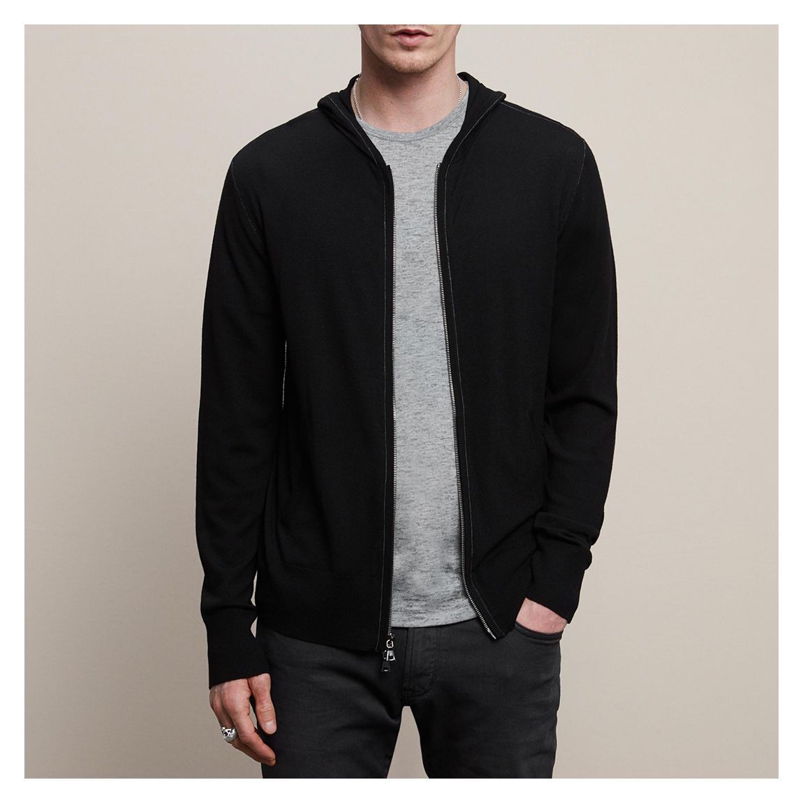 Black Zipped Merino Wool Blend Hoodie main product photo