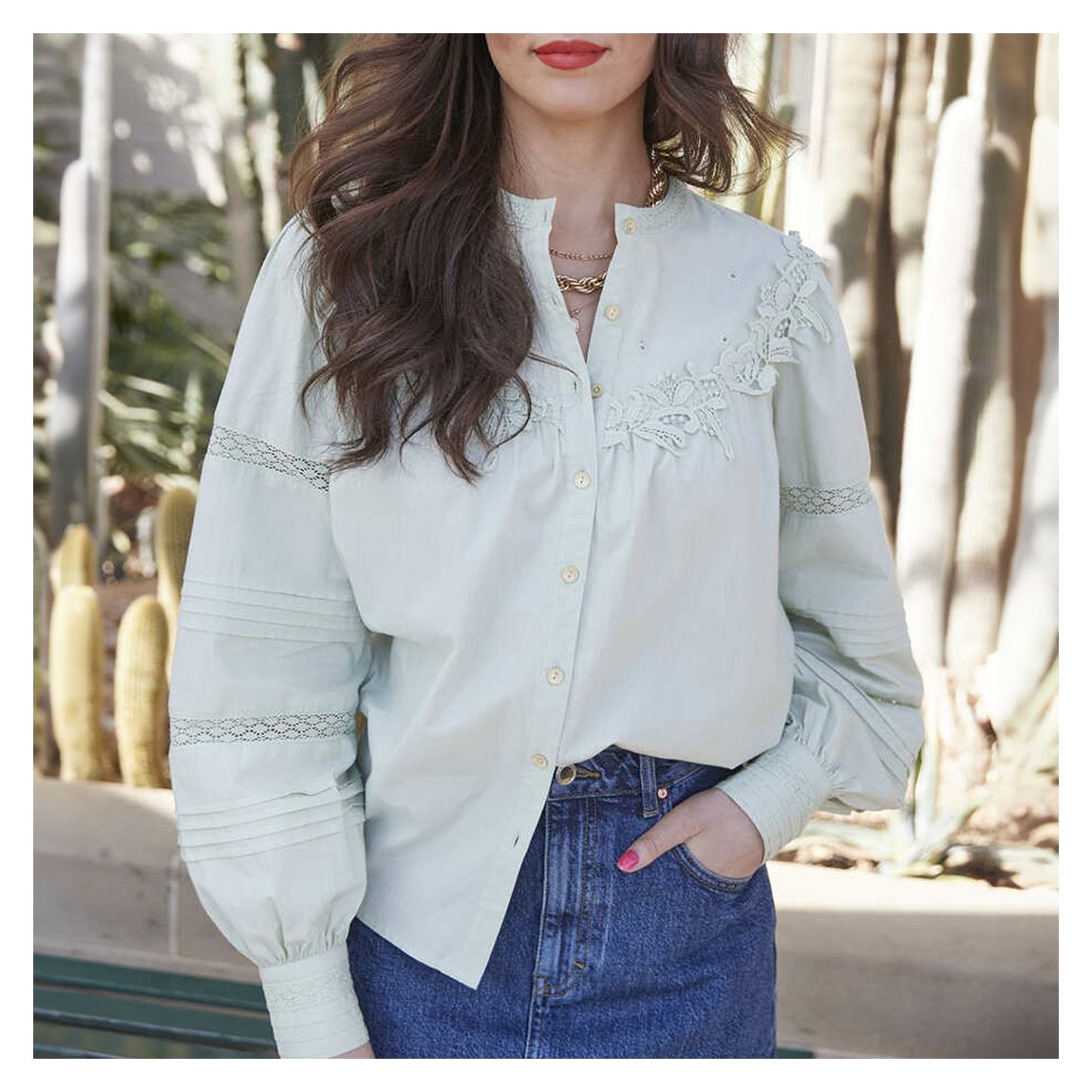 Sage Green Cotton Shirt With Lace Detail main product photo