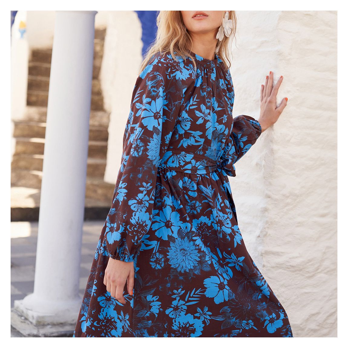 Brown/Blue Poplin High Neck Midi Dress main product photo