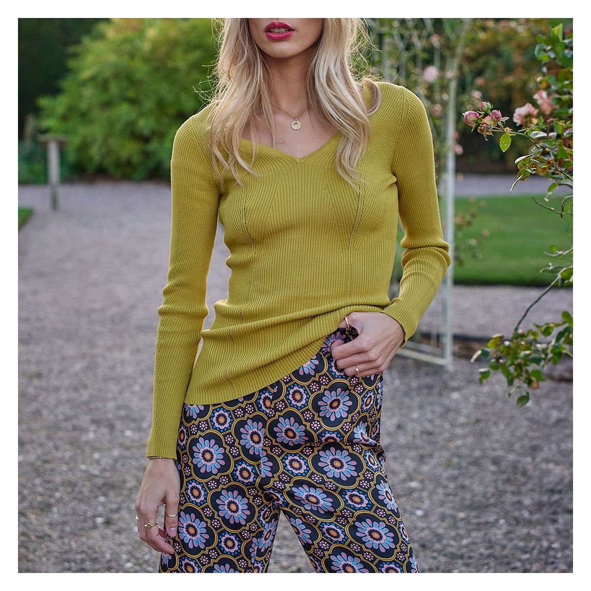 Olive V Neck Rib Knitted Jumper main product photo