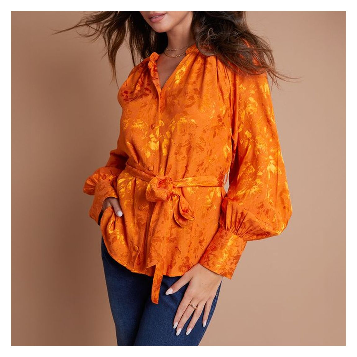 Orange Long Sleeve Jacquard Blouse main product photo