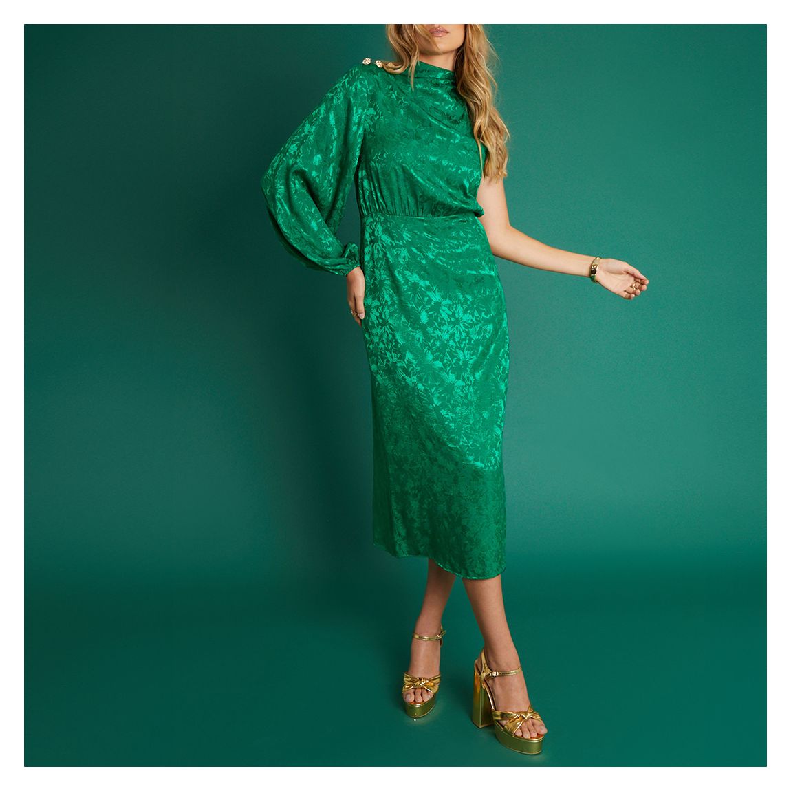Green One Shoulder Jacquard Midi Dress main product photo