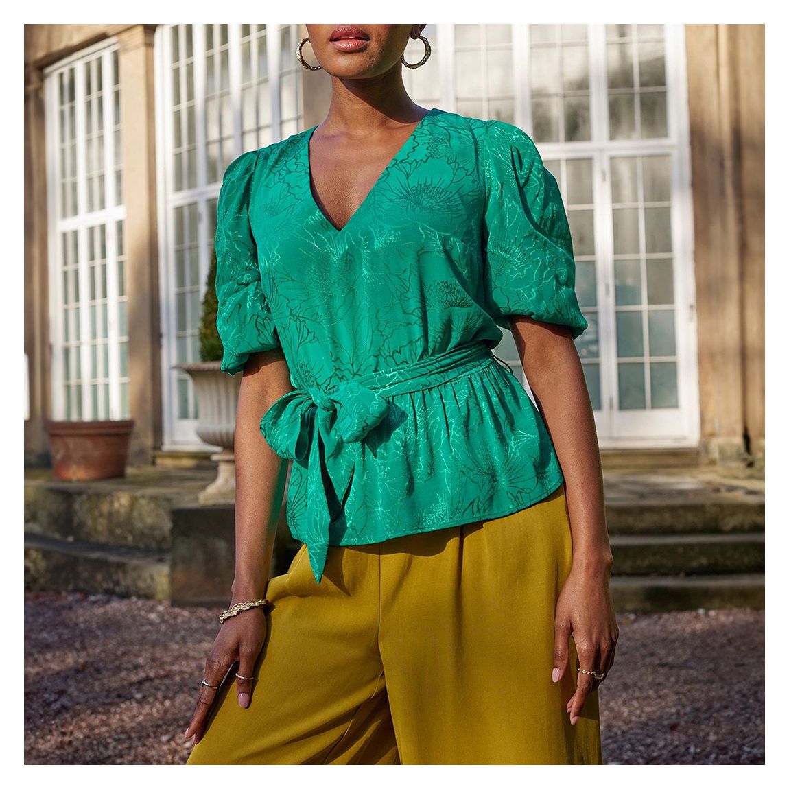 Green Puff Sleeve Jacquard Blouse main product photo