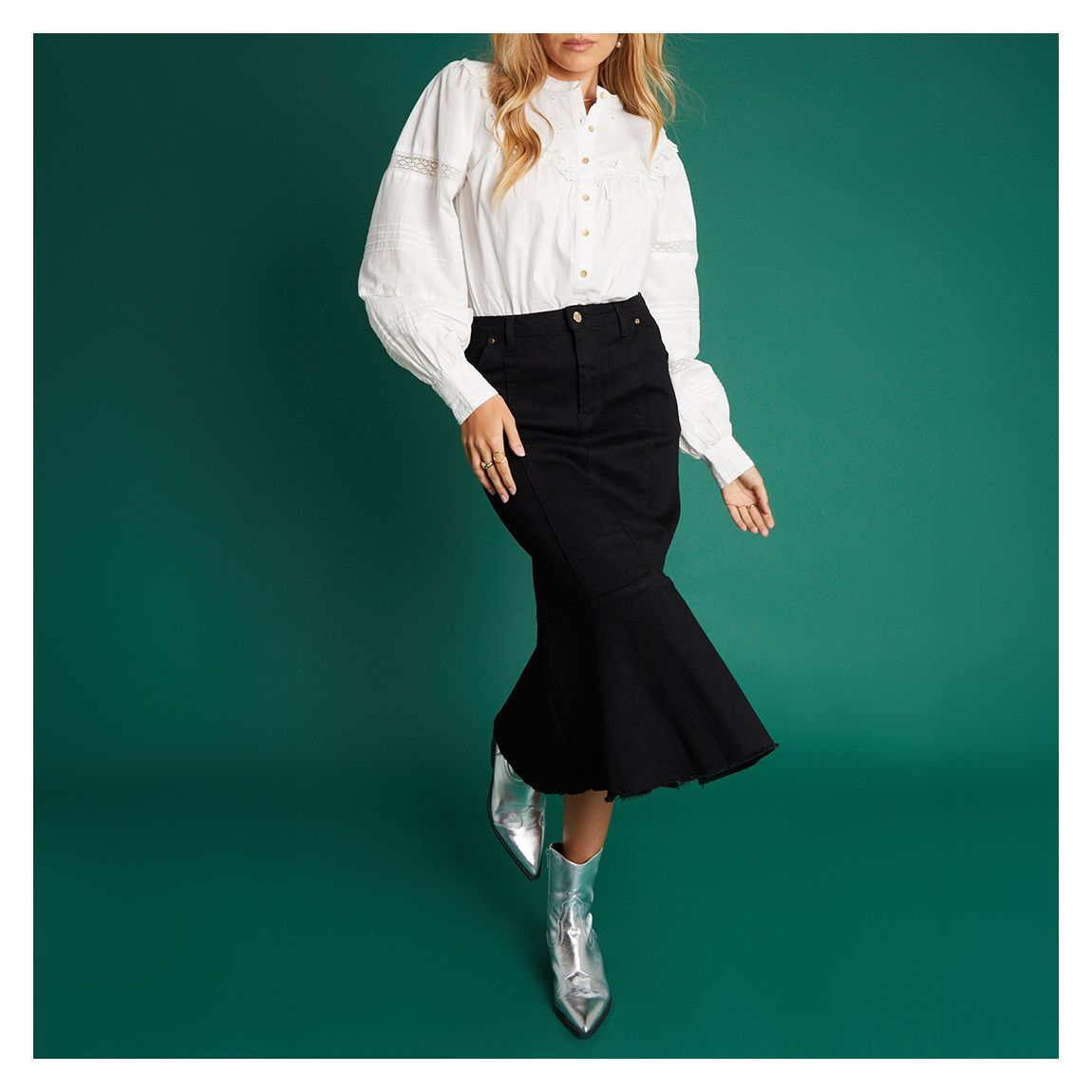 Black Ruffle Hem Denim Midi Skirt main product photo
