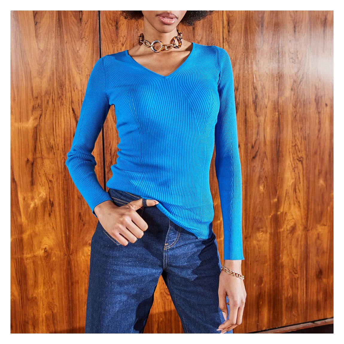 Blue V Neck Rib Knitted Jumper main product photo