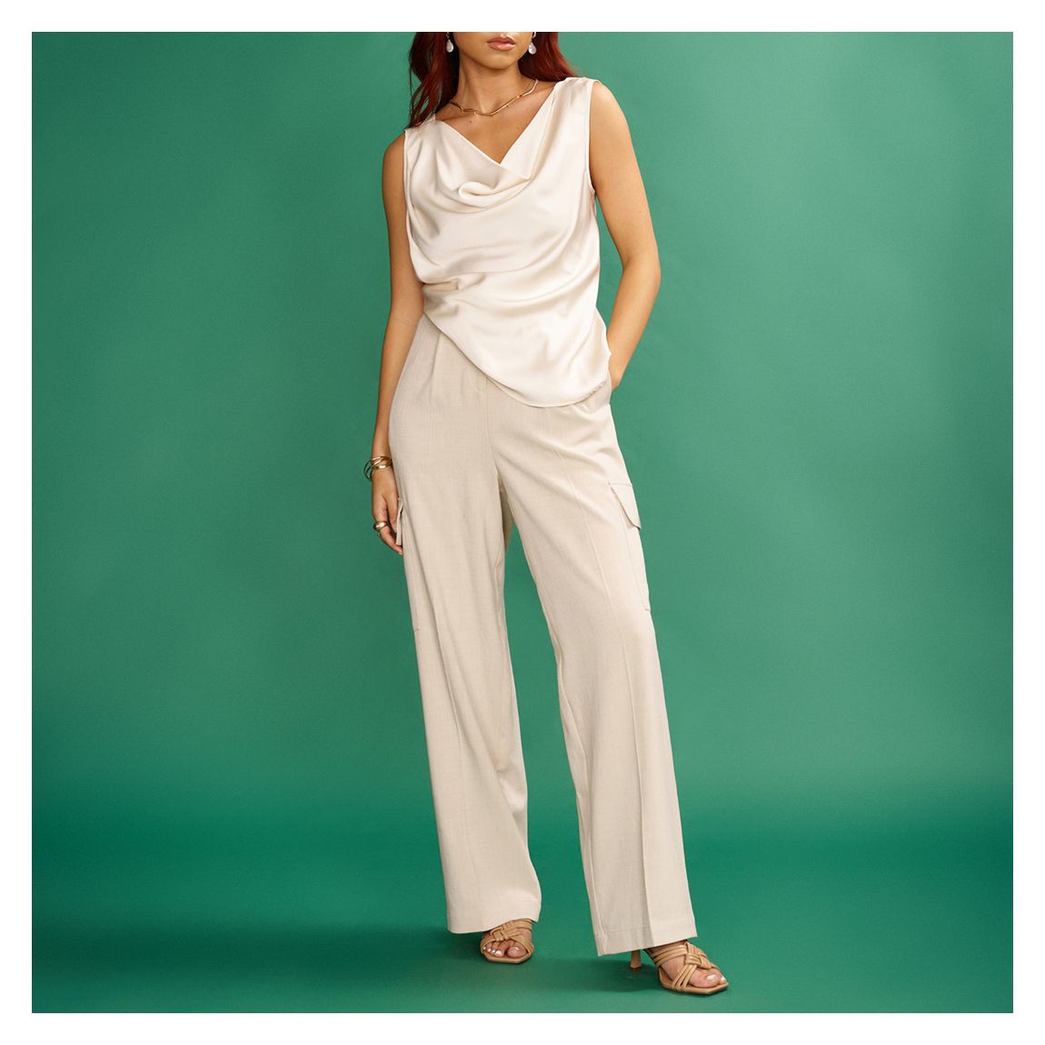 Stone Linen Look Cargo Trousers main product photo