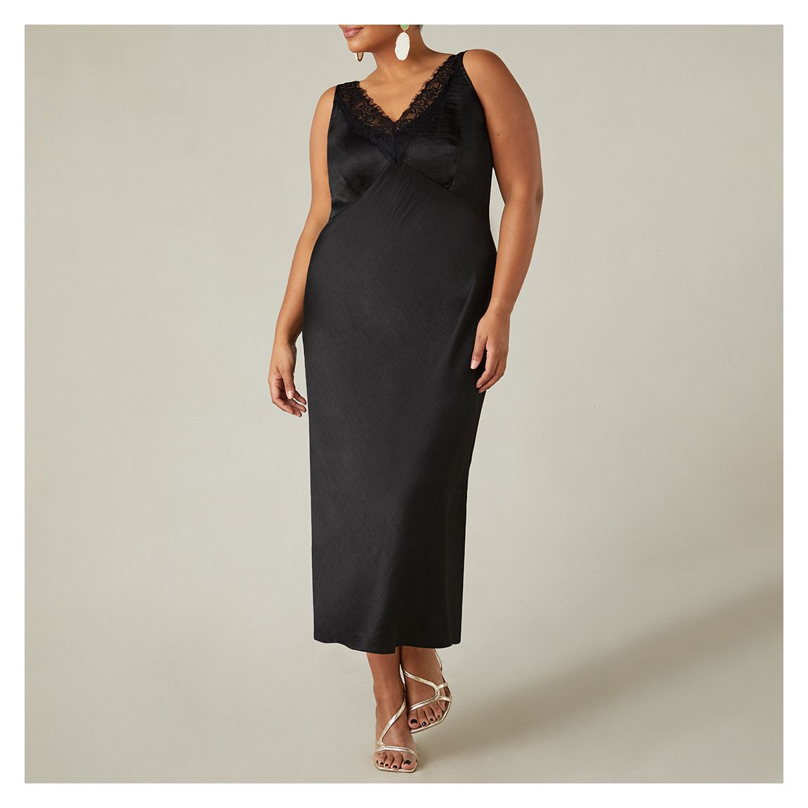 Black Satin Lace Slip Dress main product photo