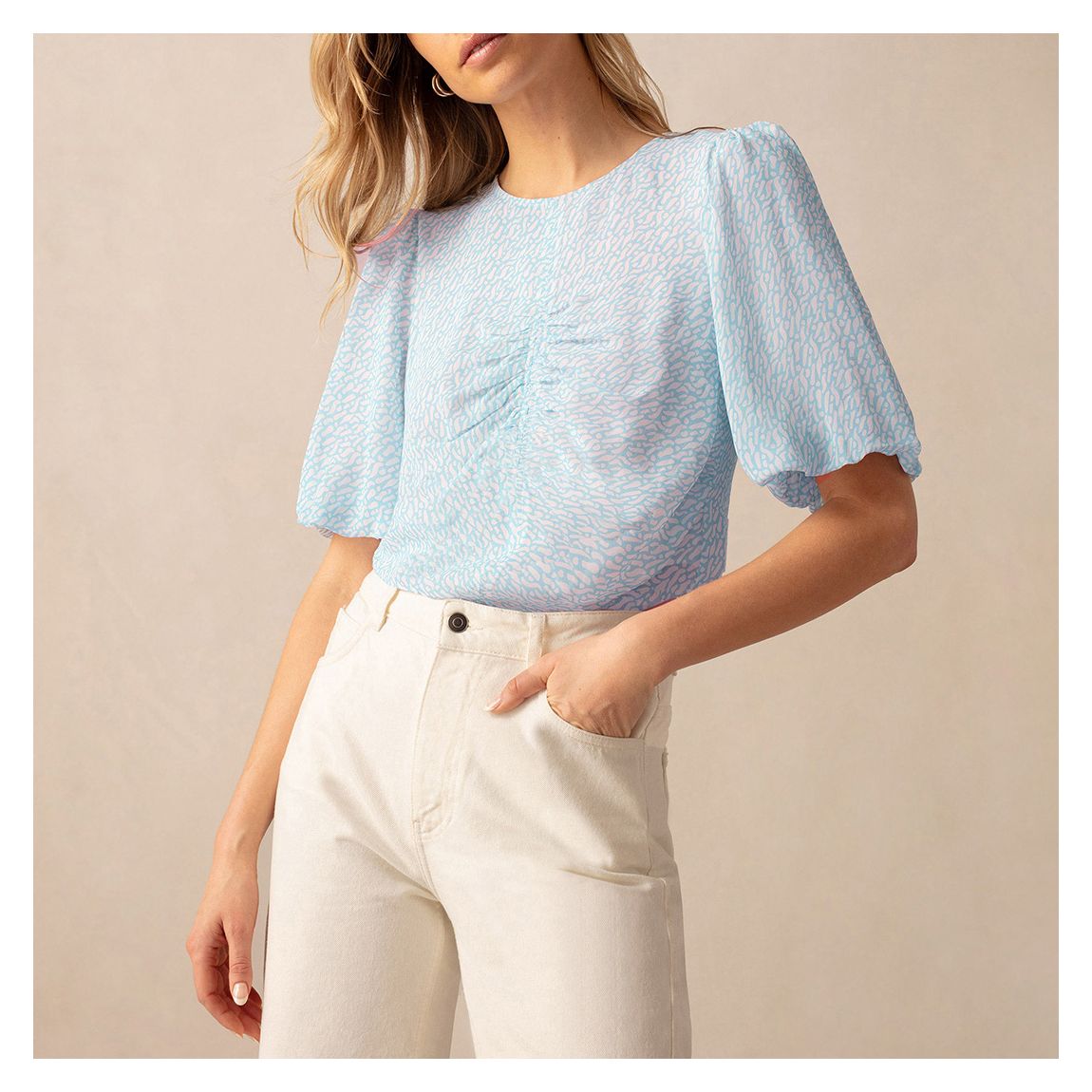 Blue Squiggle Print Ruched Front Top main product photo