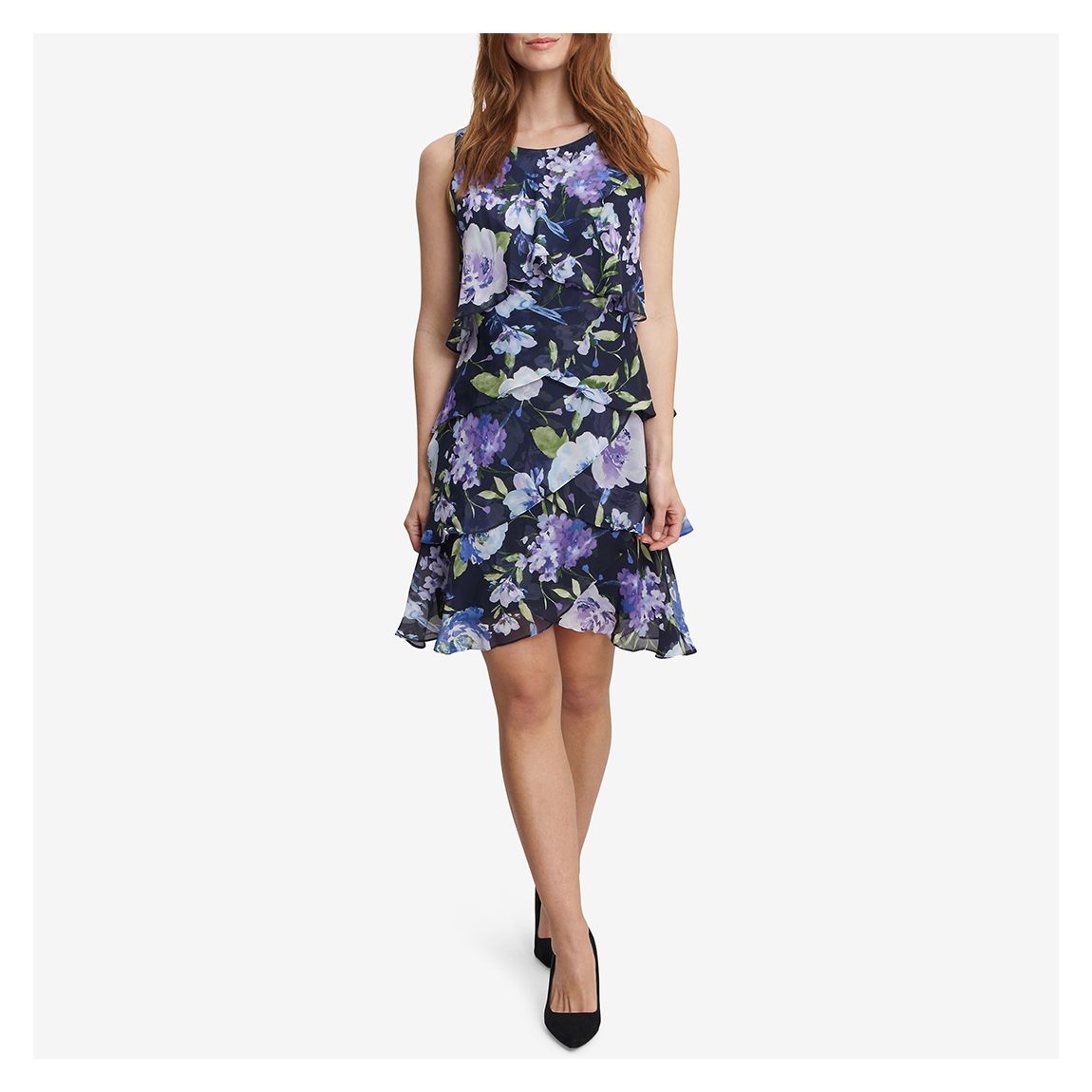 Navy Hallie Floral Layered Chiffon Dress main product photo