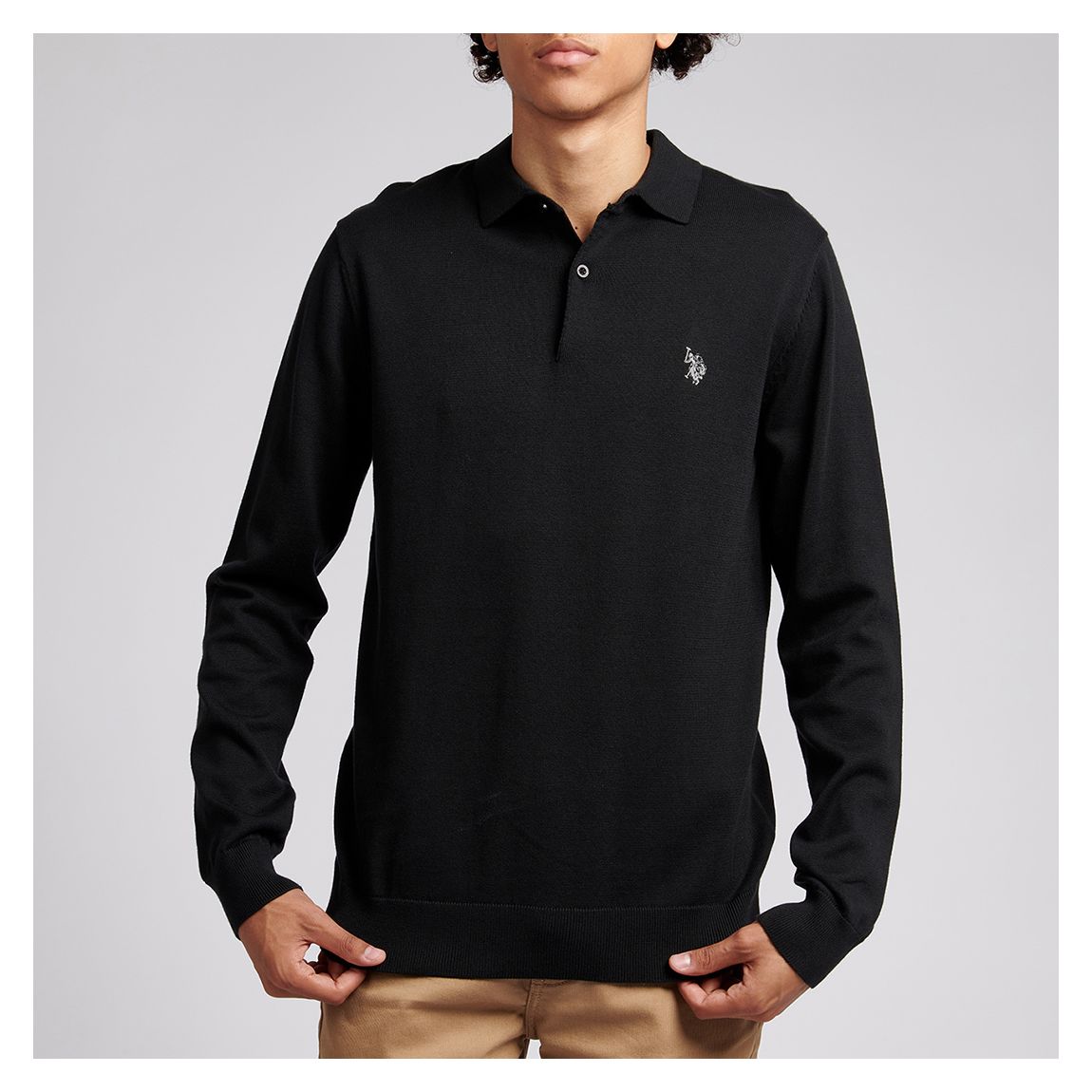 Black Cotton Long Sleeve Cotton Polo Shirt main product photo
