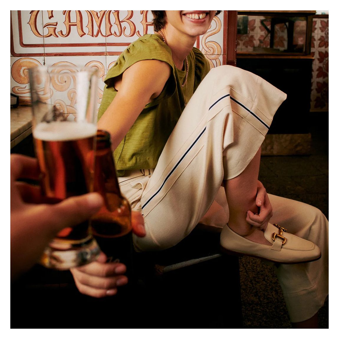 Side Stripe Wide Crop Jeans - Ecru main product photo