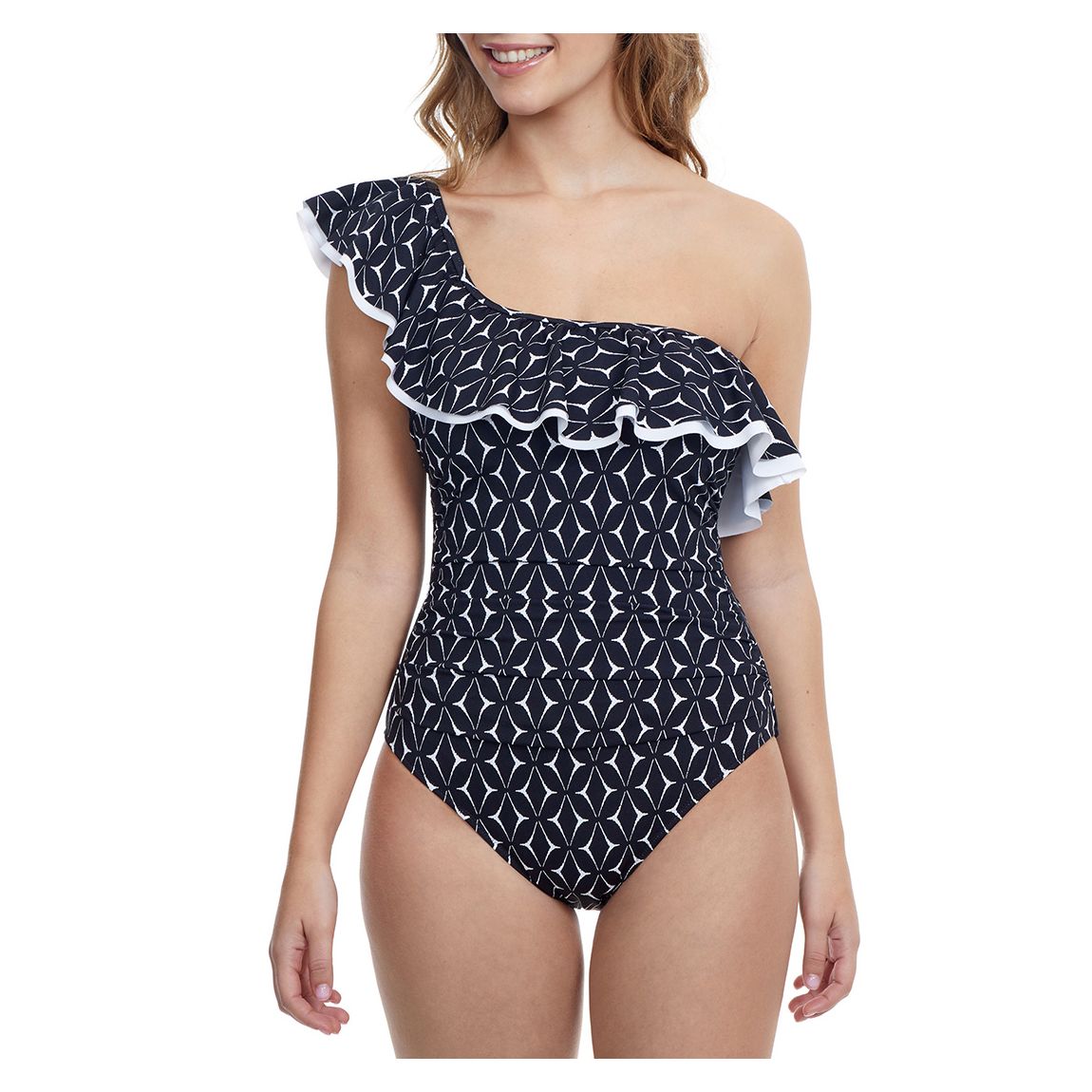 Navy and White One Shoulder Swimsuit main product photo