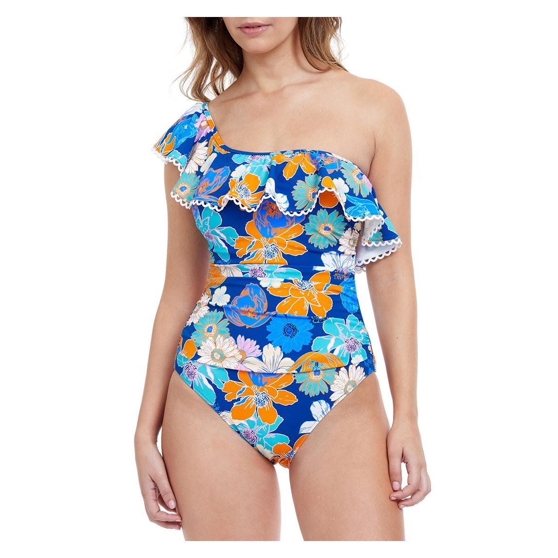 Blue Rising Sun Ruffle One Shoulder Swimsuit main product photo
