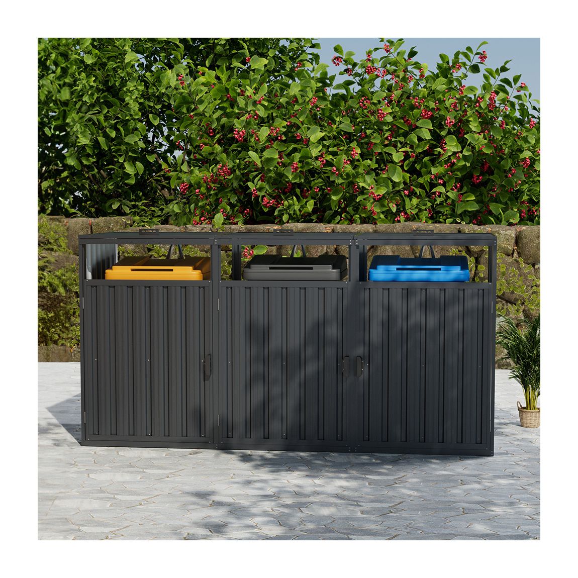 Dark Grey Outdoor 3-doors Metal Garbage Can Storage Shed main product photo
