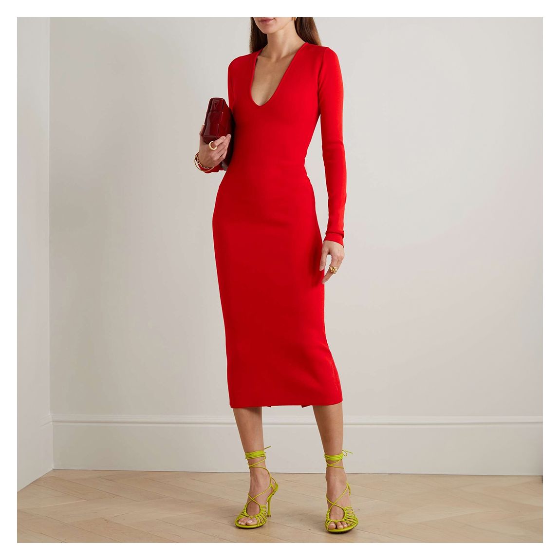 Red Deep VB Body V-Neck Midi Dress main product photo