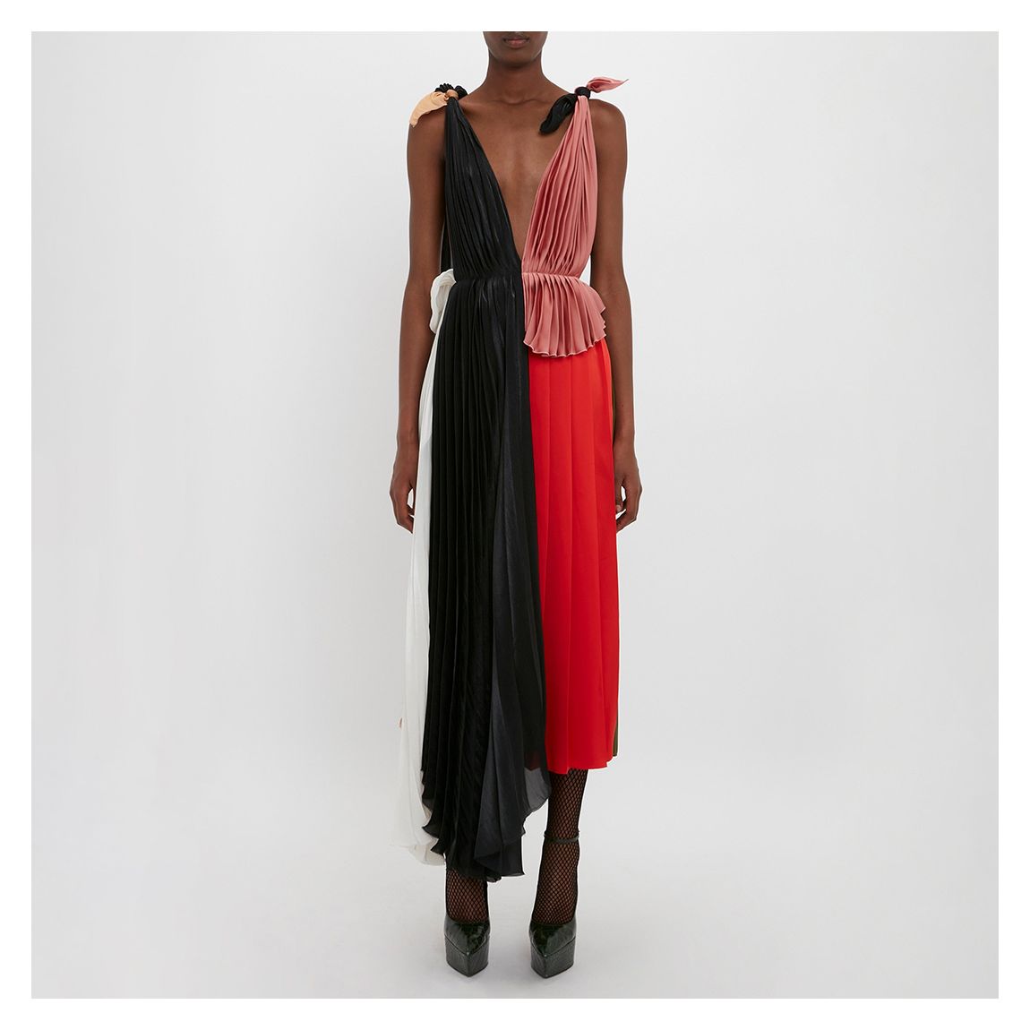 Black/Multi Asymmetric Pleated V-Neck Dress main product photo