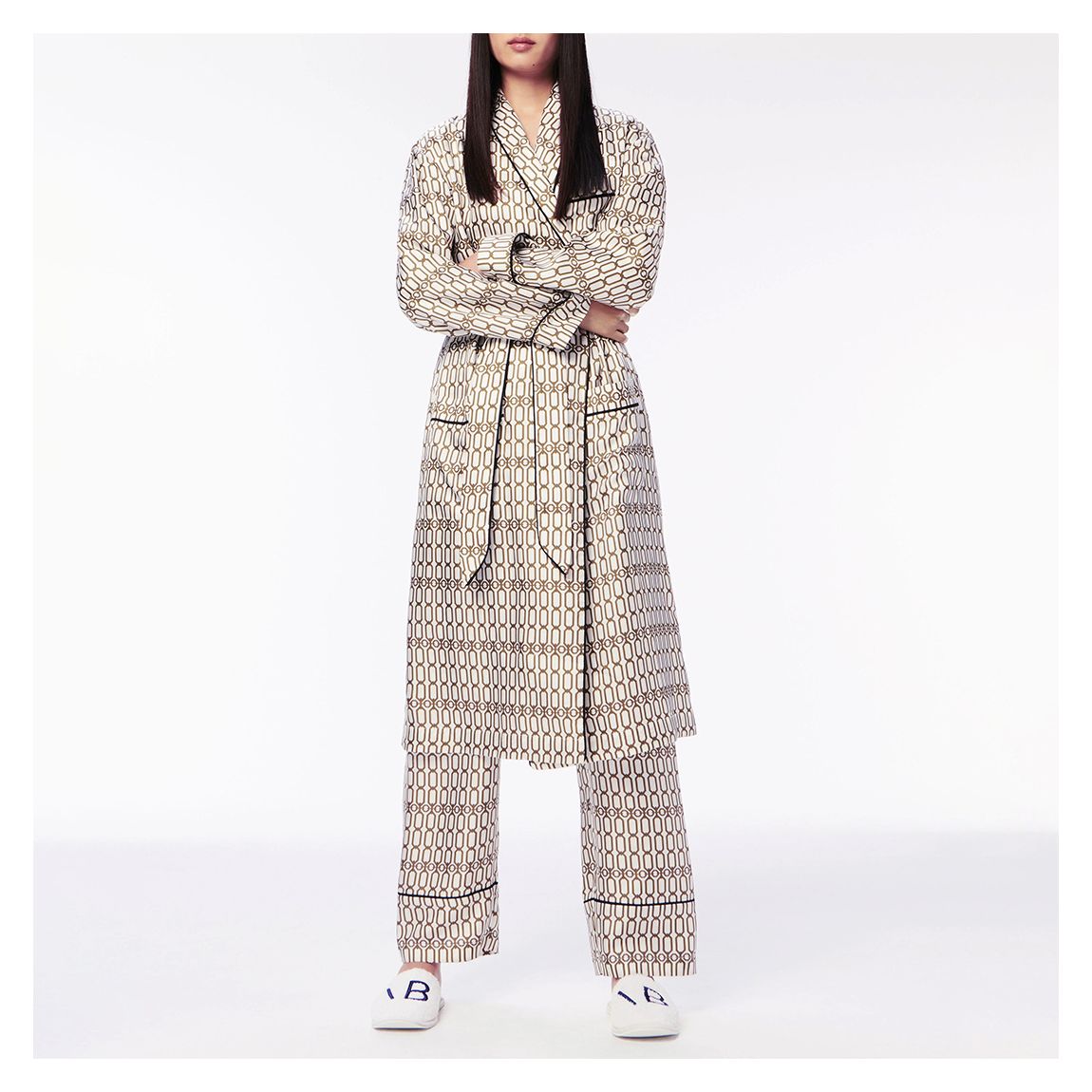 Beige Printed Silk Pyjama Robe main product photo