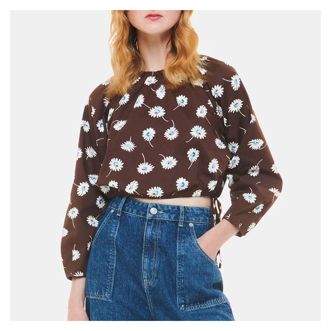 Brown Floral Poplin Cotton Blend Top main product photo