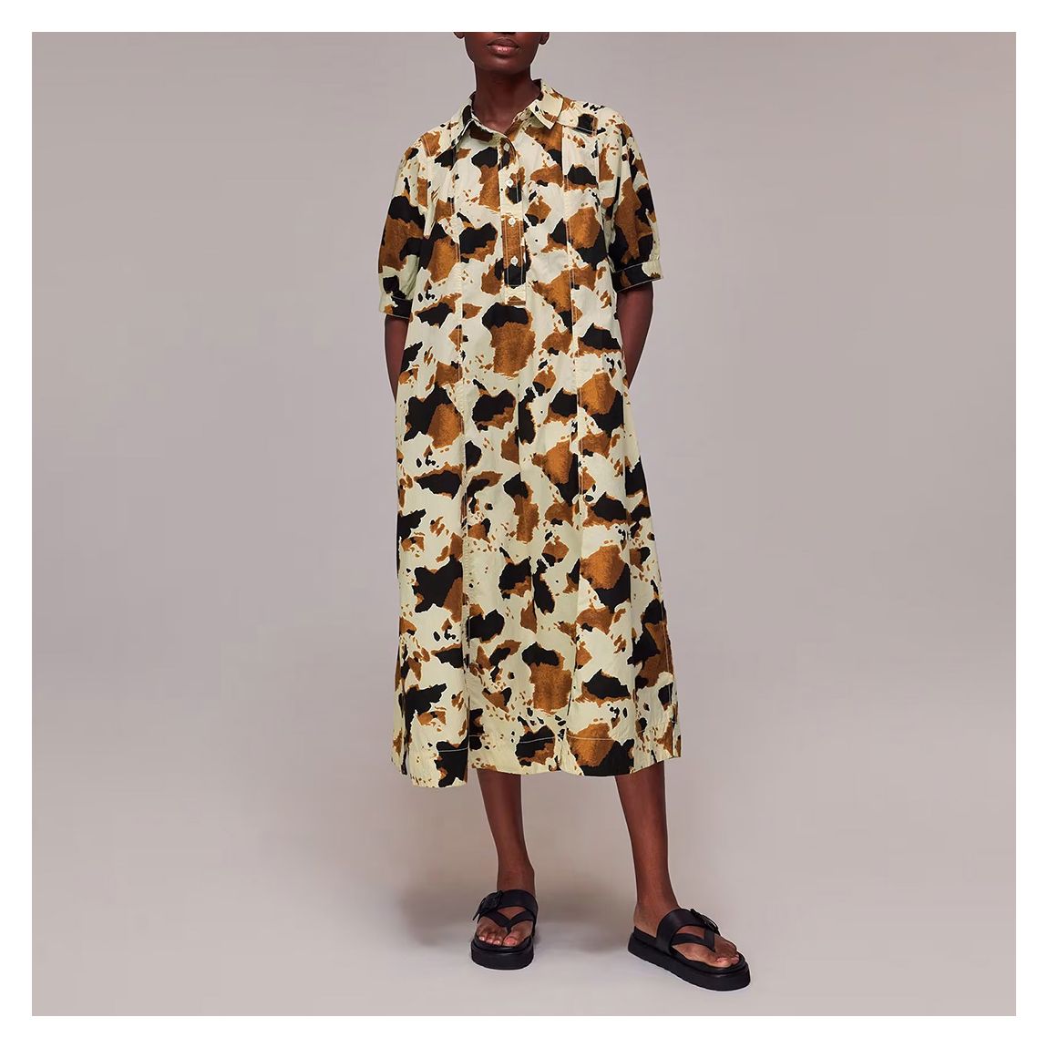 Brown Animal Print Cotton Shirt Dress main product photo