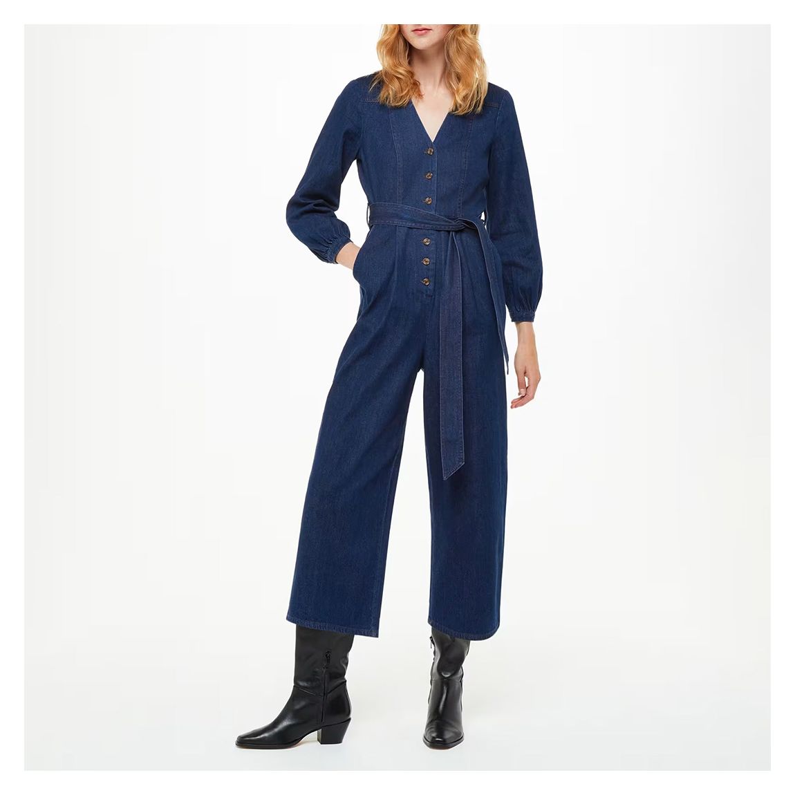 Dark Blue Joni Belted Denim Jumpsuit main product photo