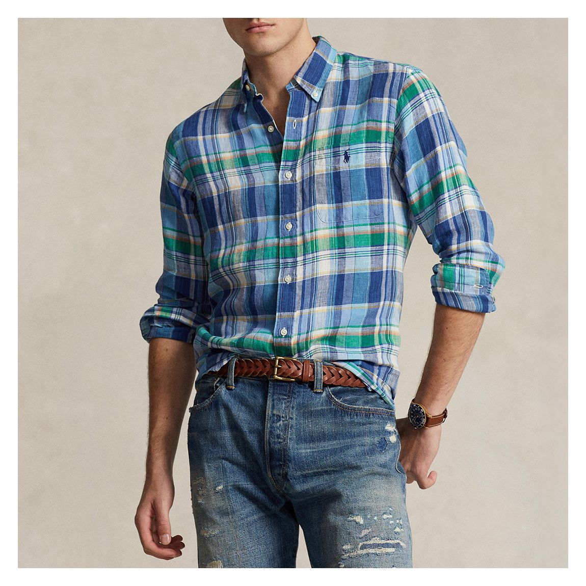 Blue Multi Slim Fit Plaid Linen Shirt main product photo