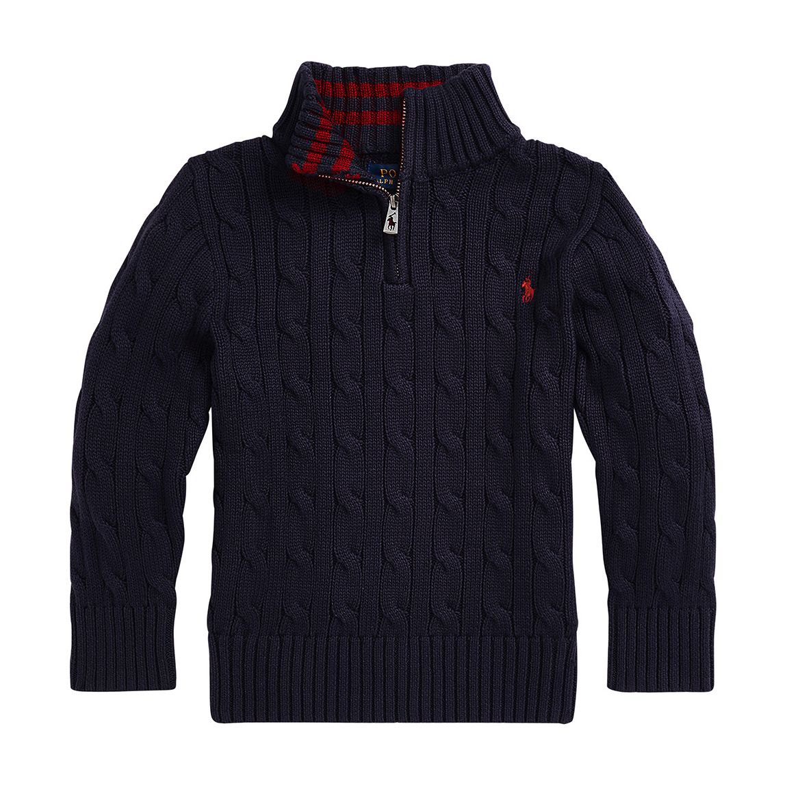 Younger Boy′s Navy Half Zip Cable Knit Cotton Jumper main product photo
