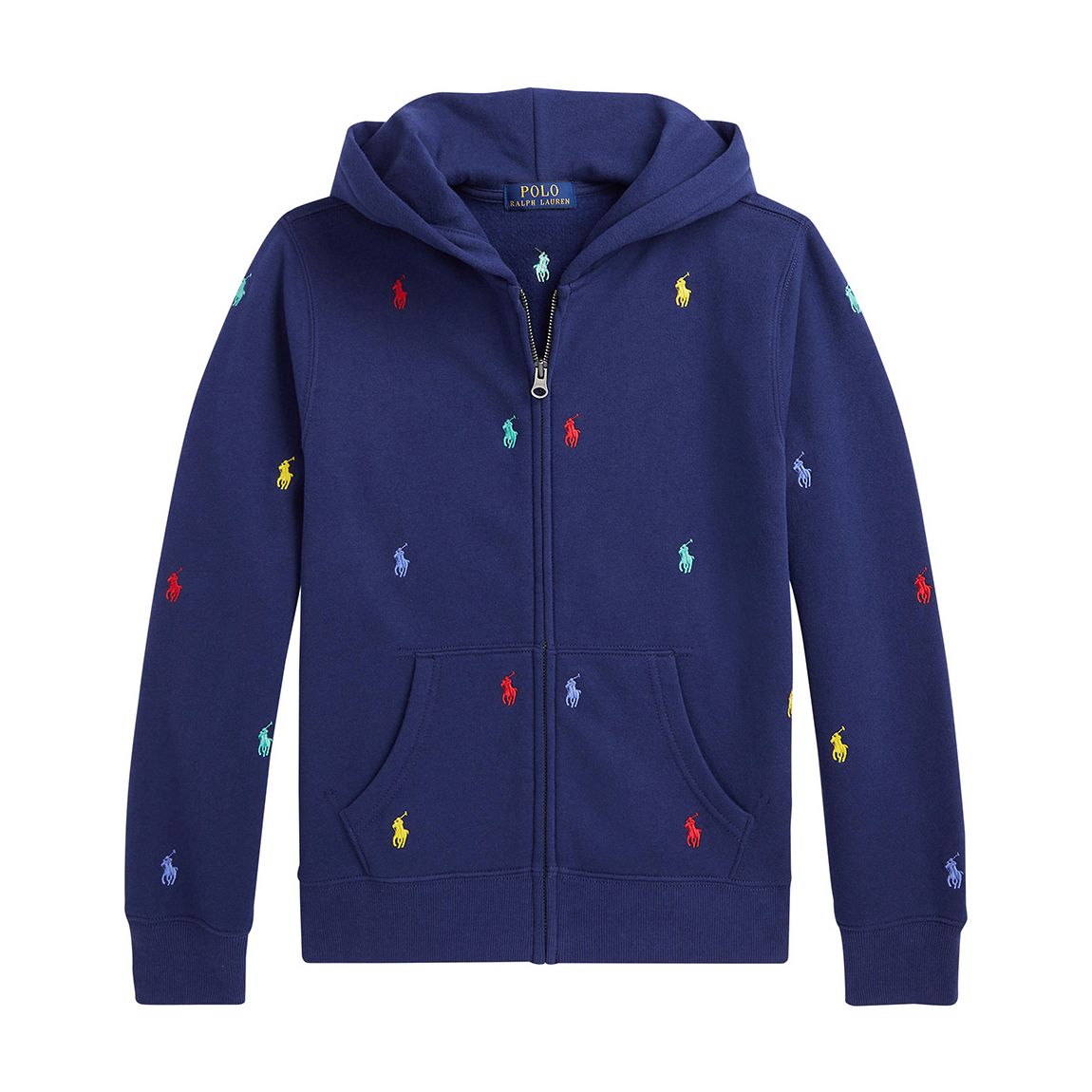 Older Boy′s Dark Blue Pony Print Cotton Blend Zip Up Hoodie main product photo