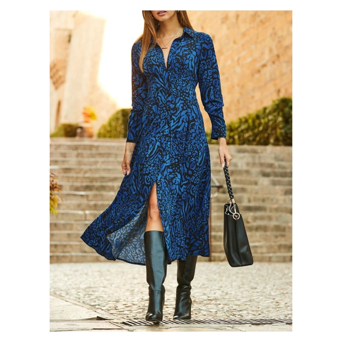 Blue Animal Print Midi Shirt Dress main product photo