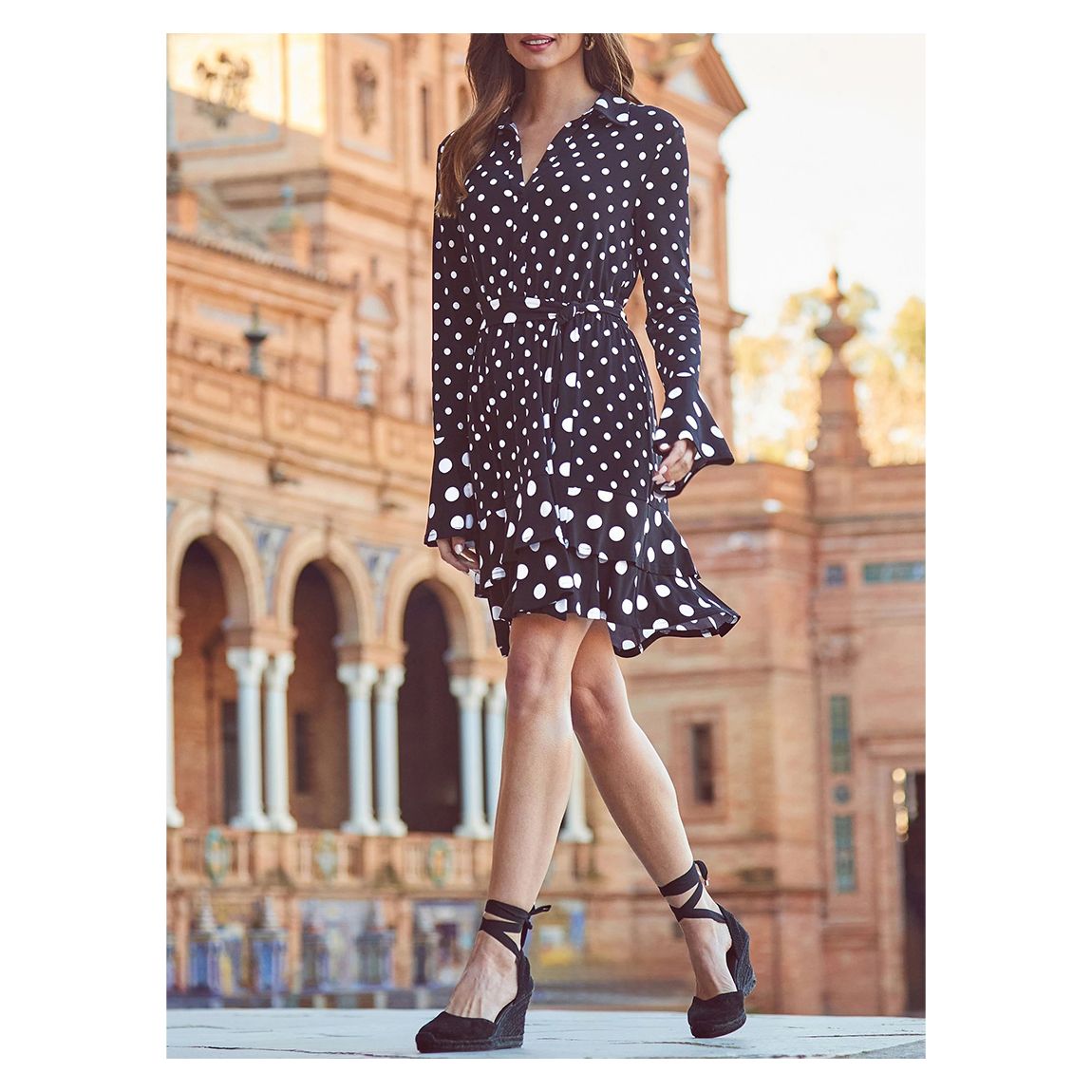 Black Spot Print Ruffle Hem Shirt Dress main product photo