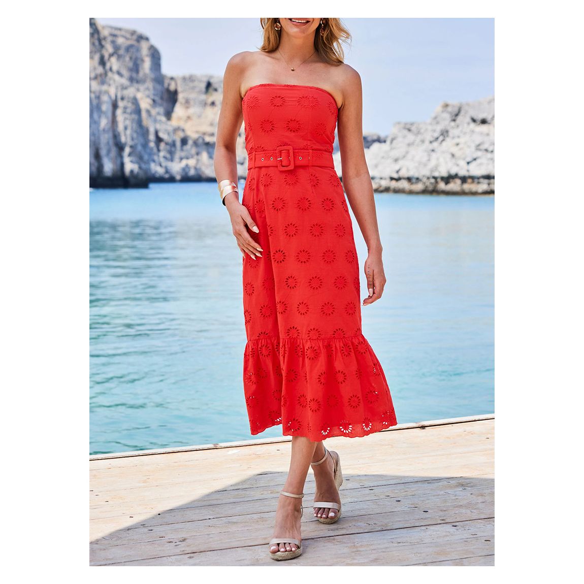 Red Broderie Belted Bandeau Dress main product photo