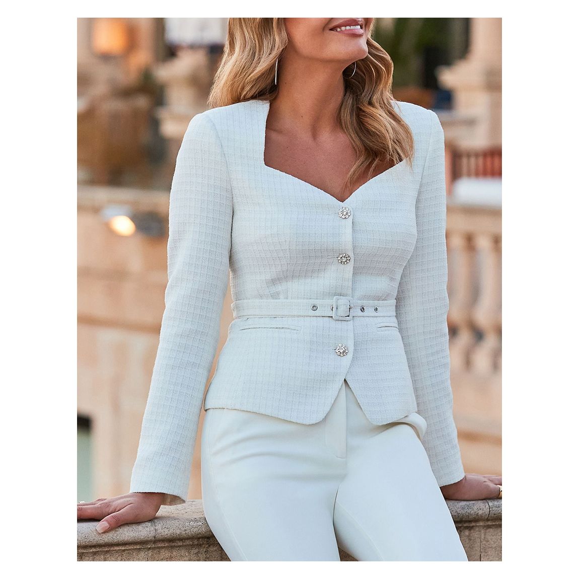 White Boucle Belted Peplum Jacket main product photo