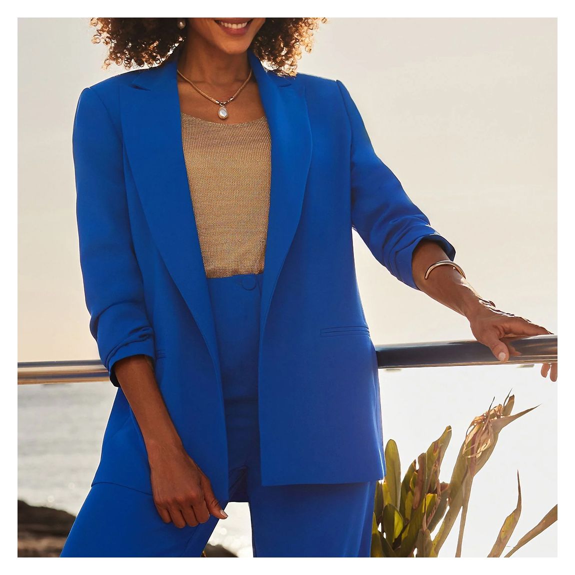 Blue Ruched Sleeve Longline Blazer main product photo
