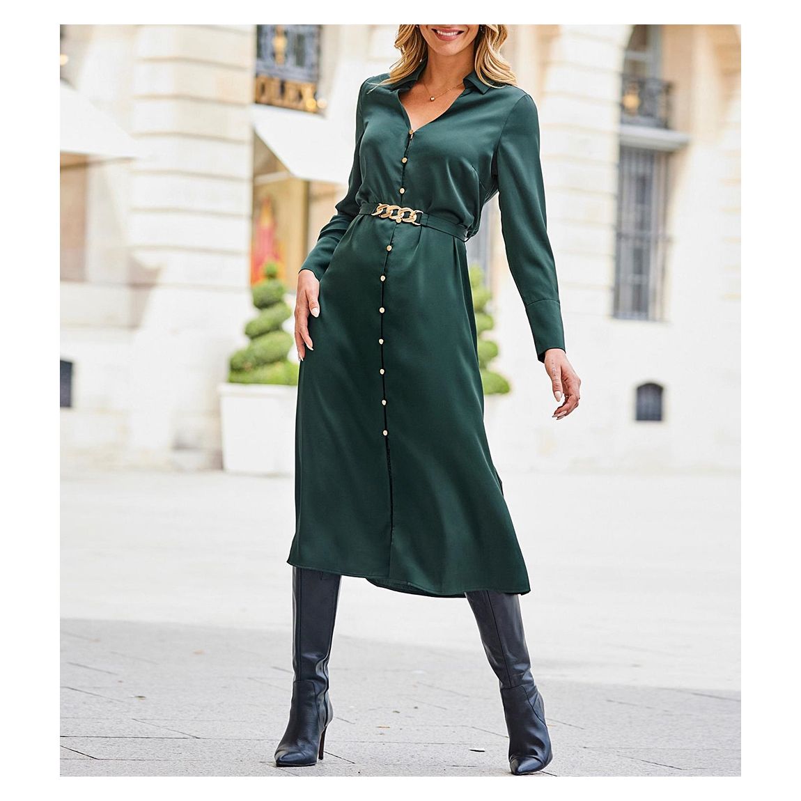 Green Satin Shirt Dress main product photo