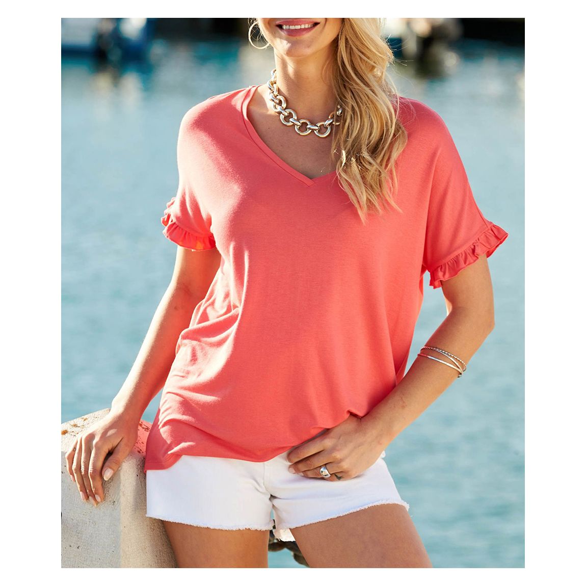Coral Pink Ruffle Ruffle Sleeve T-Shirt main product photo