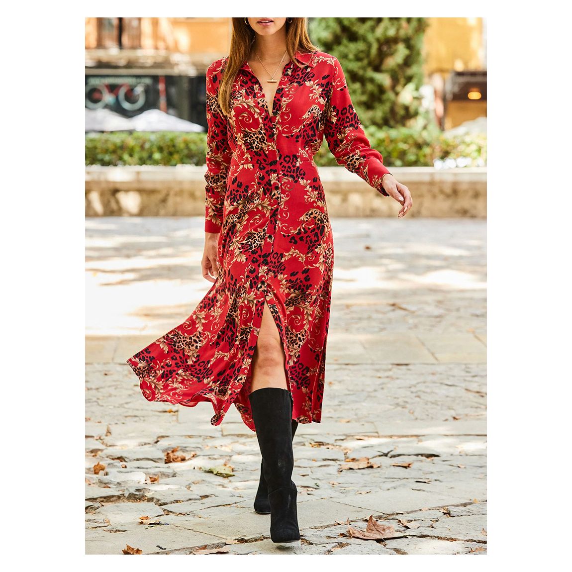 Red Multi Print Midi Shirt Dress main product photo