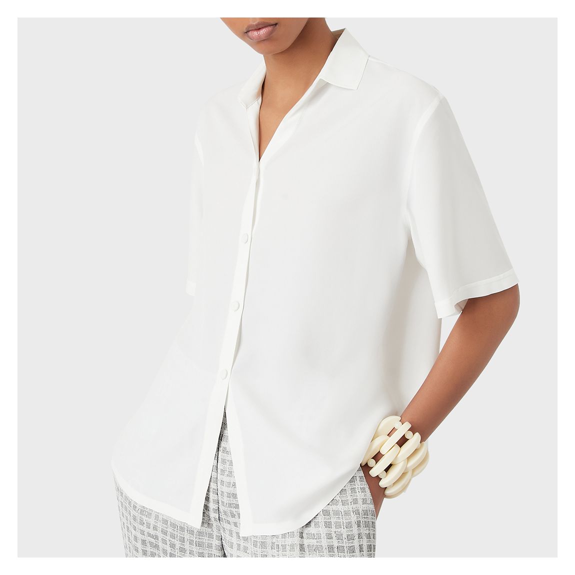 White Keyhole Button Silk Blend Blouse main product photo