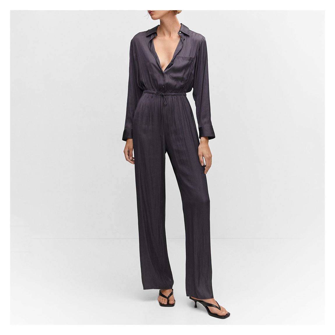 Grey Long Satin Shirt Jumpsuit main product photo