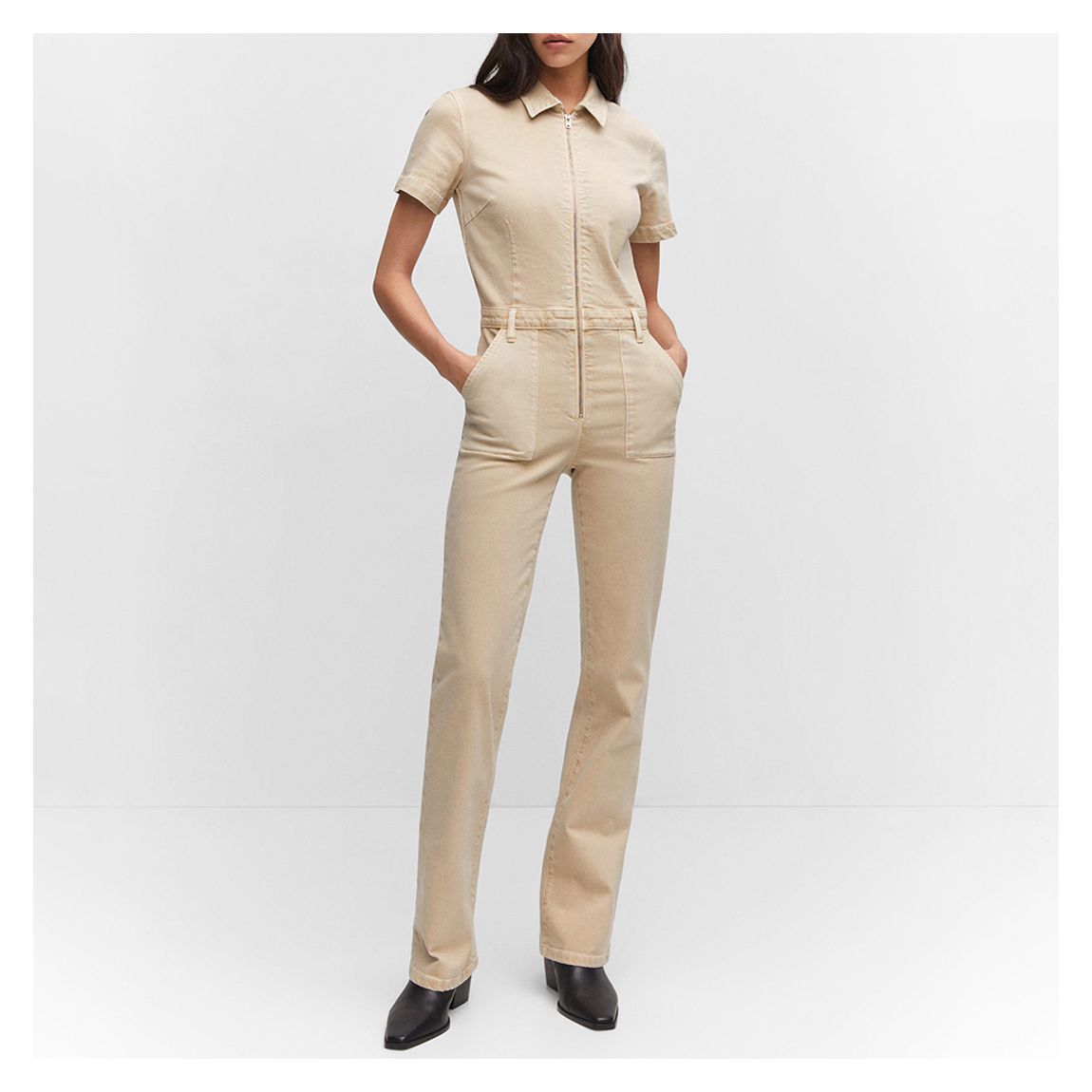 Beige Denim Zipper Jumpsuit main product photo