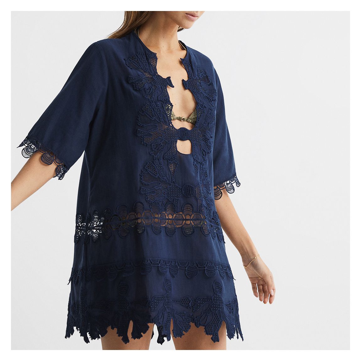 Navy Etta Embroidered Cotton Blend Kaftan main product photo