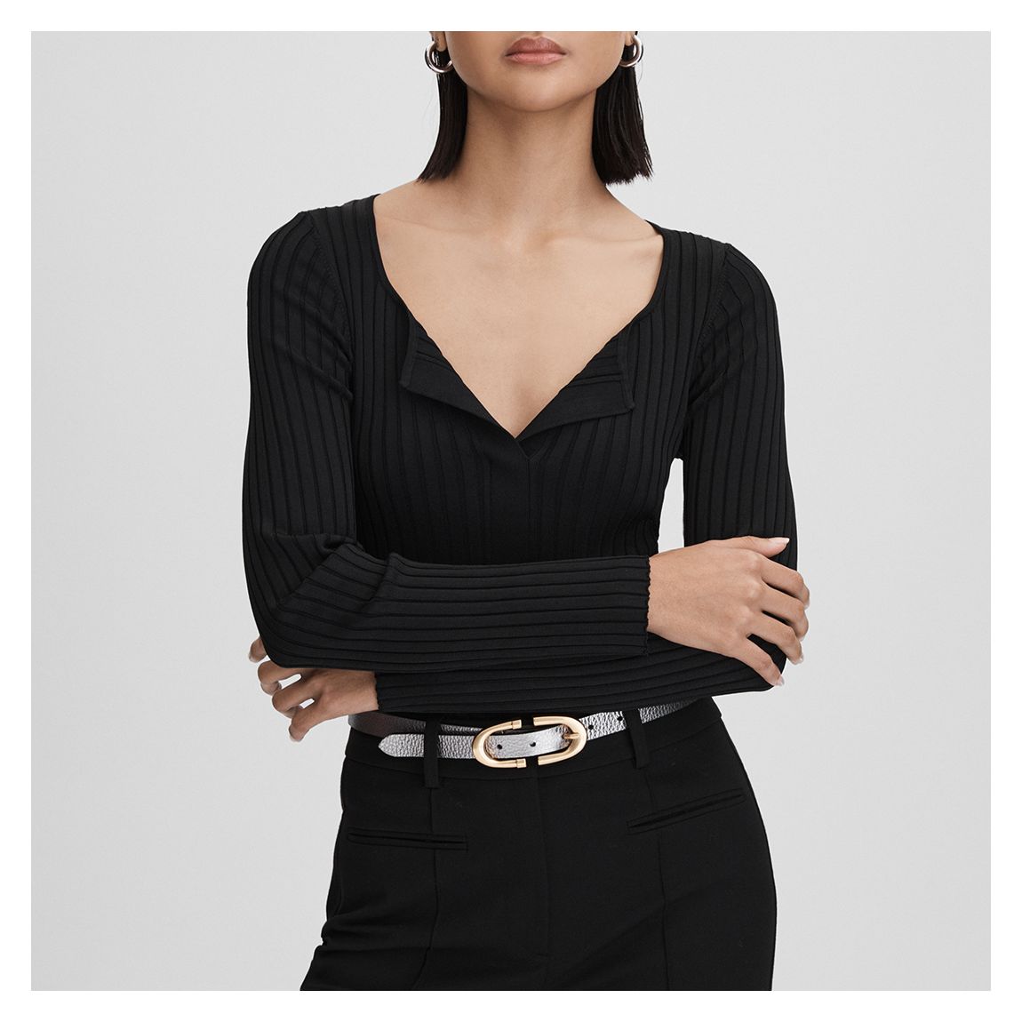 Black Monica Fold Neck Ribbed Top main product photo