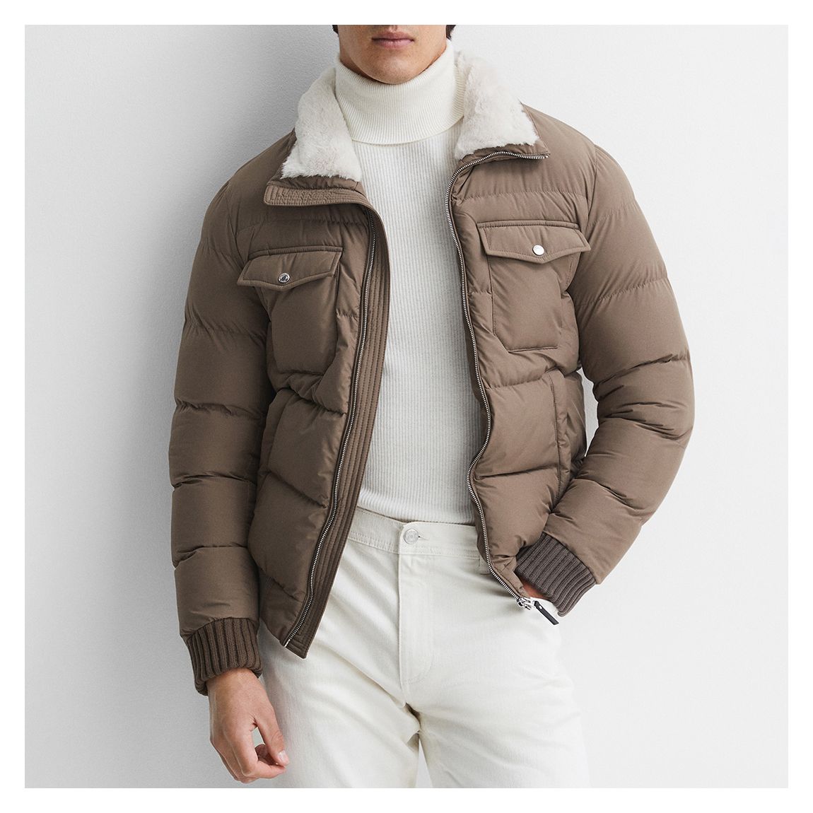 Brown Mist Zip Fur Collar Puffer Jacket main product photo