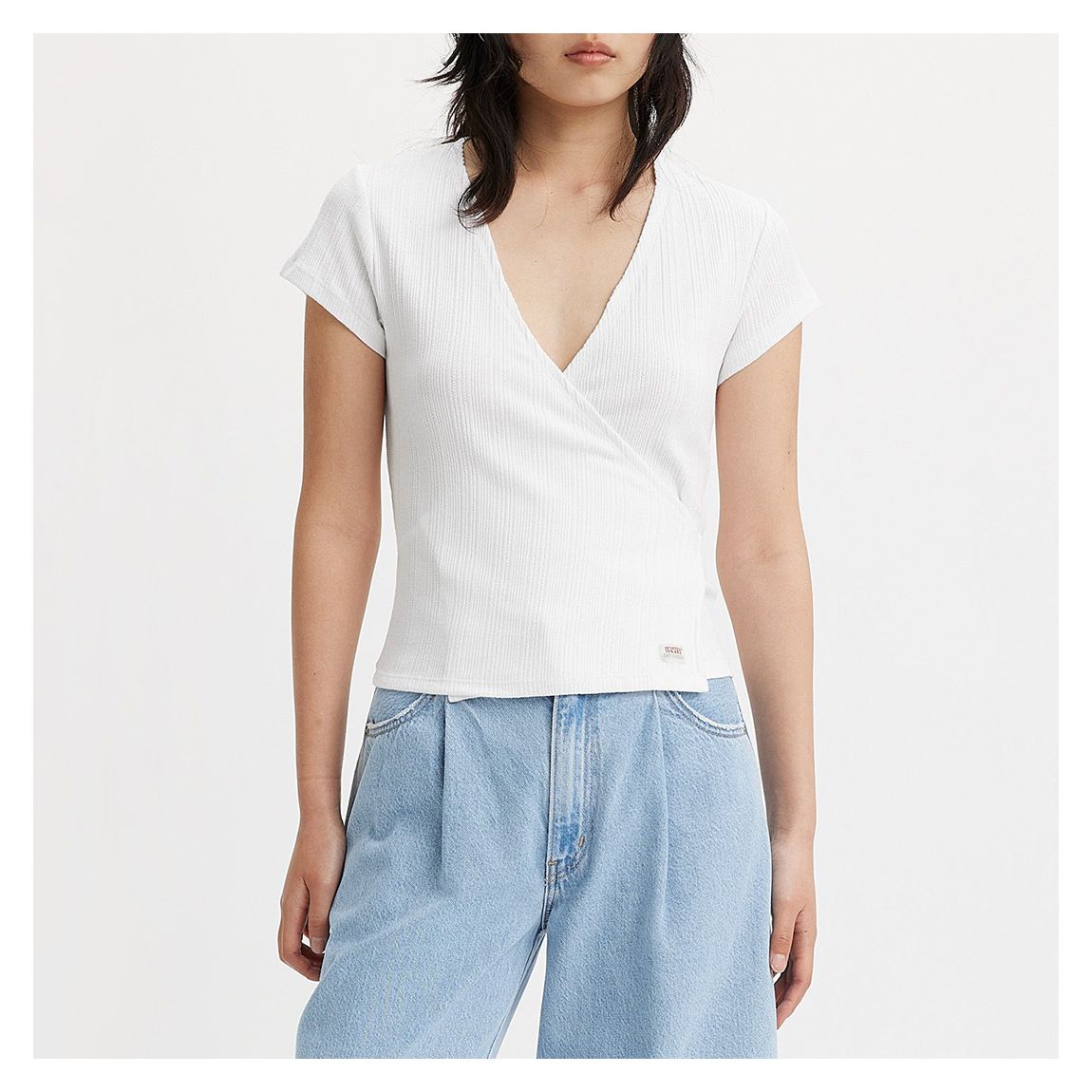 White Pointelle Wrap Cotton Blend Top main product photo