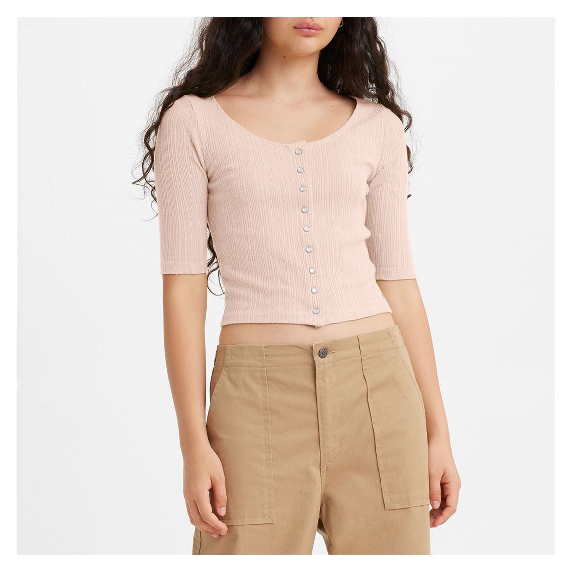 Pale Pink Pointelle Cotton Blend Top main product photo