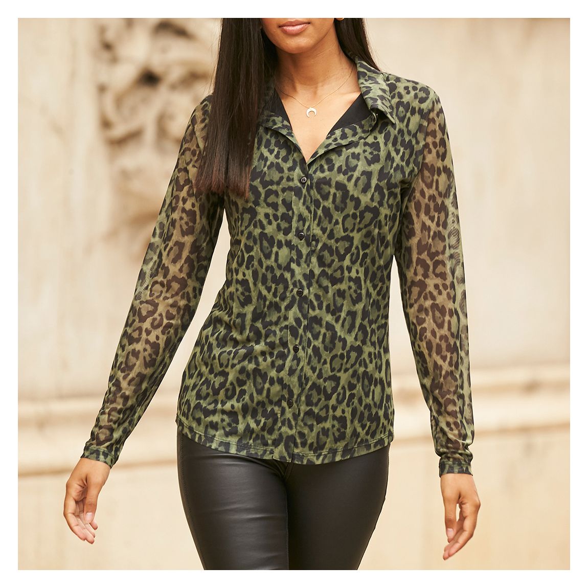 Khaki Animal Print Mesh Shirt main product photo