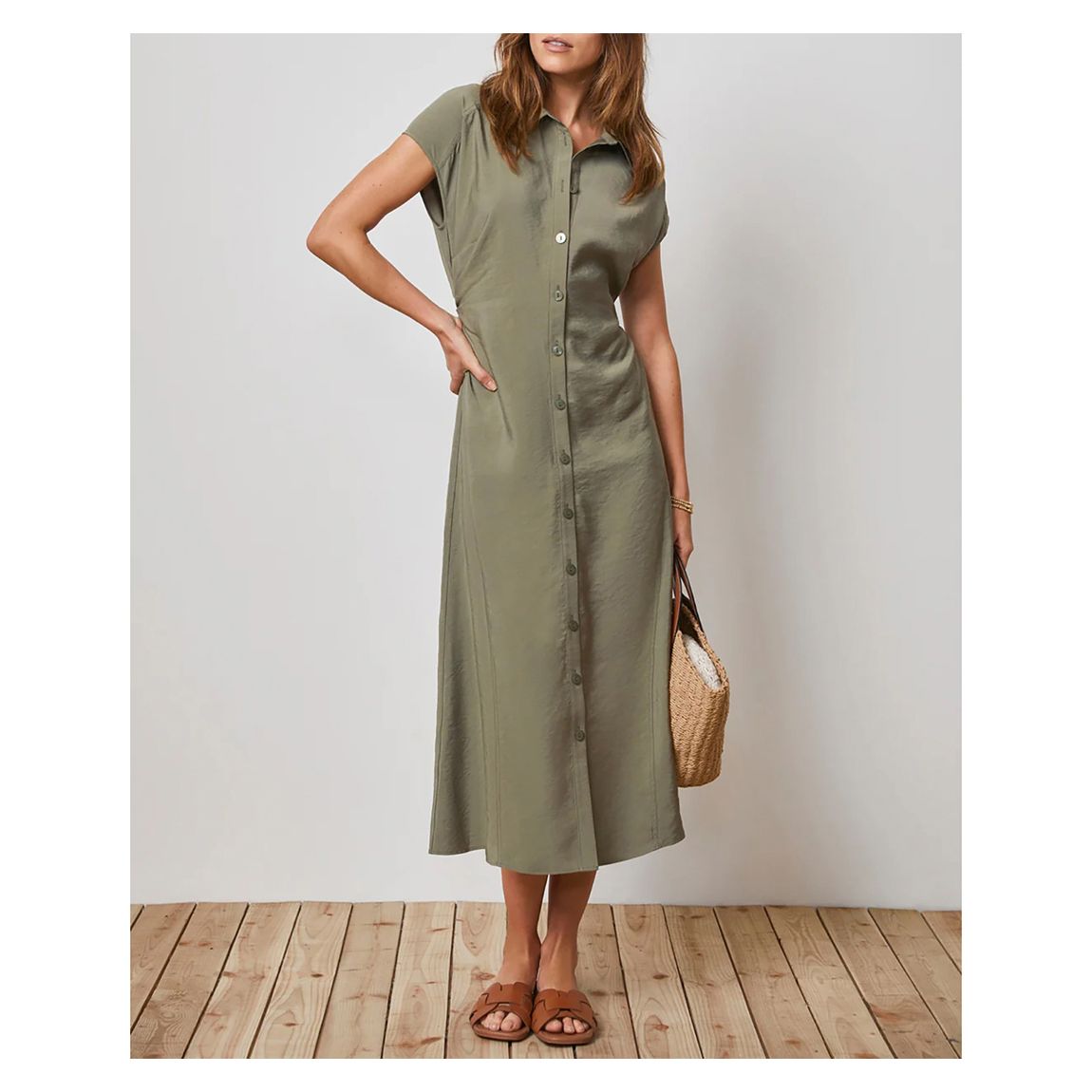 Khaki Seam Detail Shirt Midi Dress main product photo