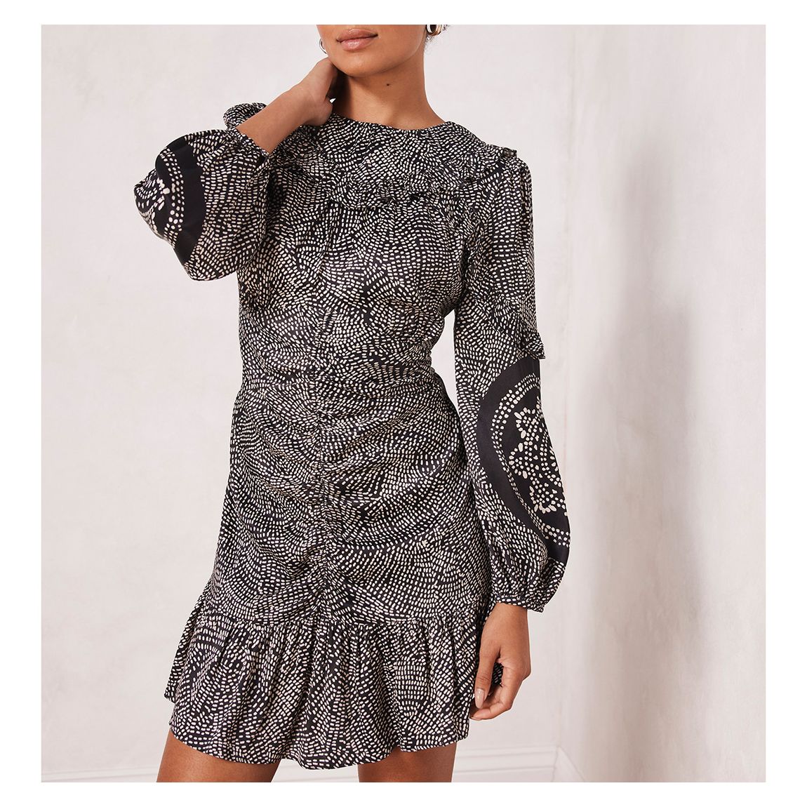 Black Print Ruched Mini Dress main product photo
