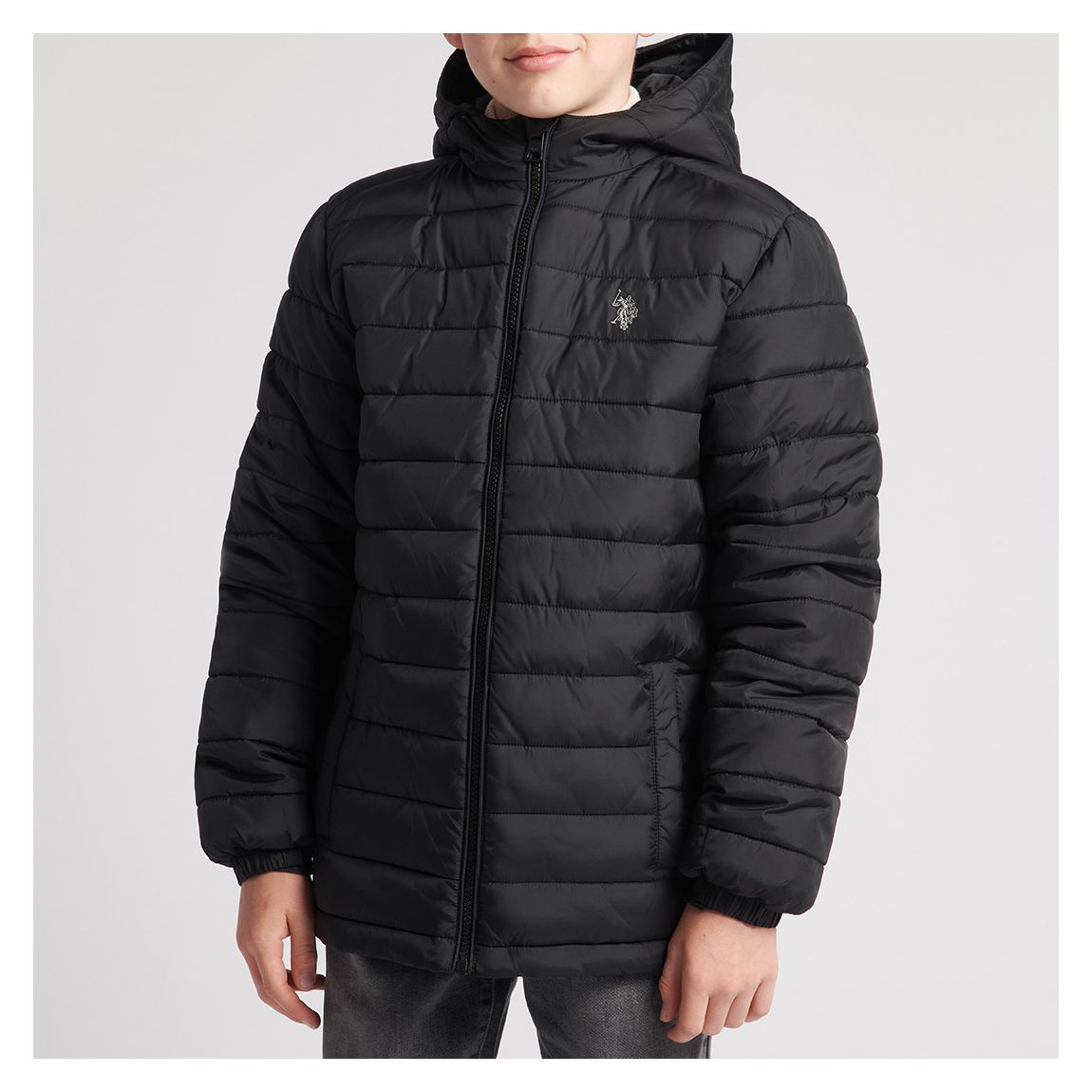 Boy's Black Hooded Quilted Jacket main product photo