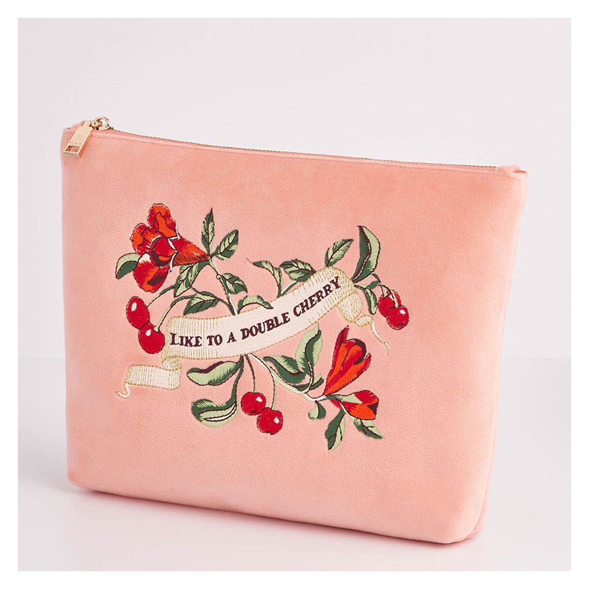 Midsummer Dream Cherry Embroidered Peach Velvet Pouch main product photo